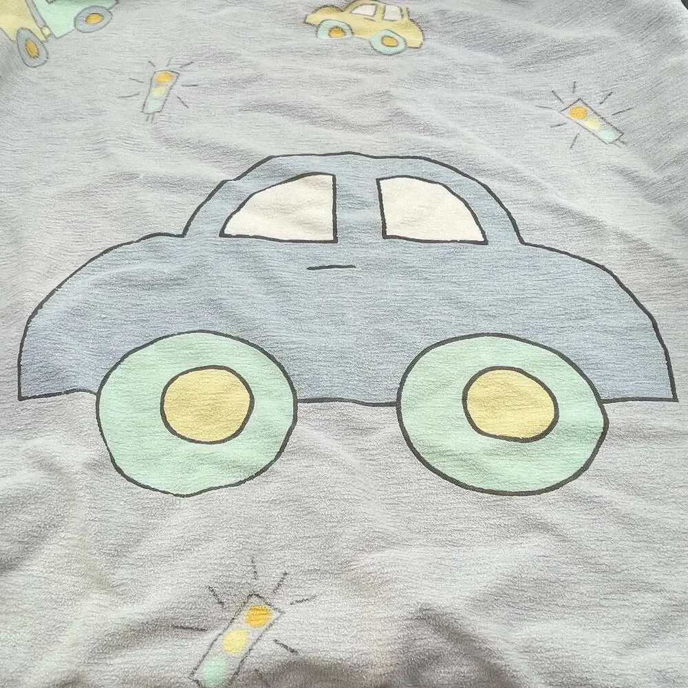Large Kooshies Blue Car Baby Blanket Green Yellow 100% Cotton Dump Truck Vintge